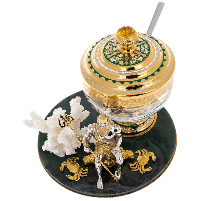 Caviar bowl with Poseidon coral on a jade stand, Zlatoust