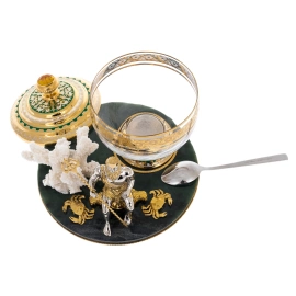 Икорница с кораллом "Посейдон" на подставке из нефрита, Златоуст