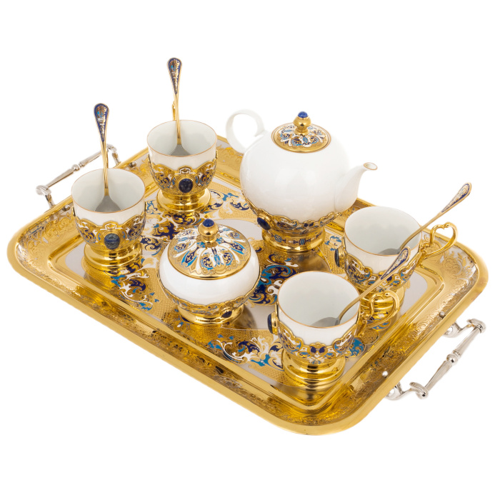 Кофейный сервиз "Ландыш" с лазуритом, на 4 персоны, Златоуст