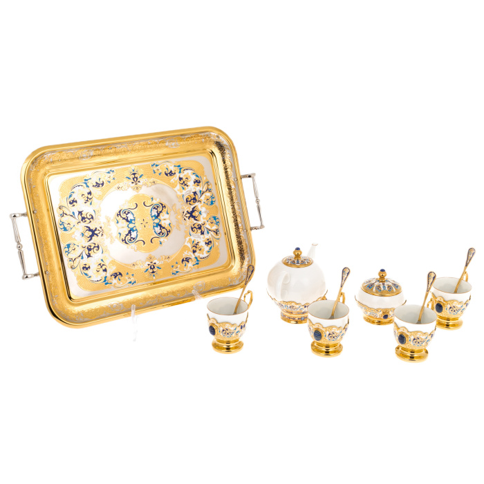 Кофейный сервиз "Ландыш" с лазуритом, на 4 персоны, Златоуст