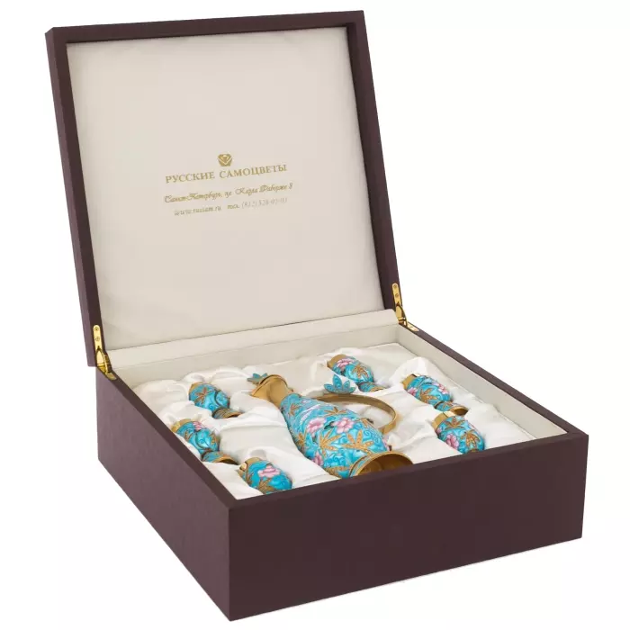 Набор для вина серебряный "Птицы" на 6 персон, бирюзовый