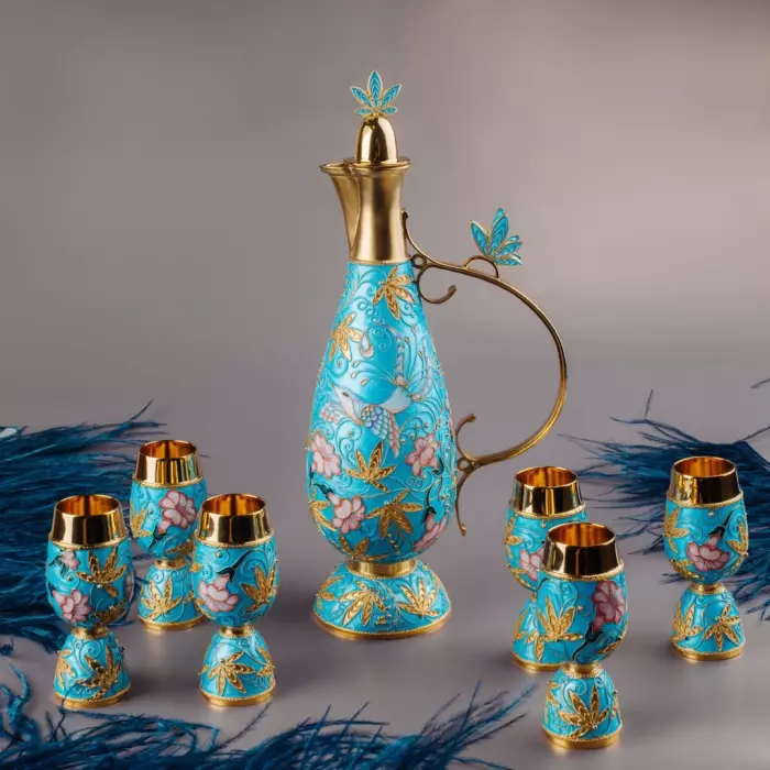 Набор для вина серебряный "Птицы" на 6 персон, бирюзовый