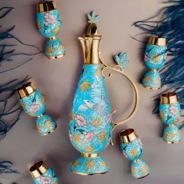 Набор для вина серебряный "Птицы" на 6 персон, бирюзовый