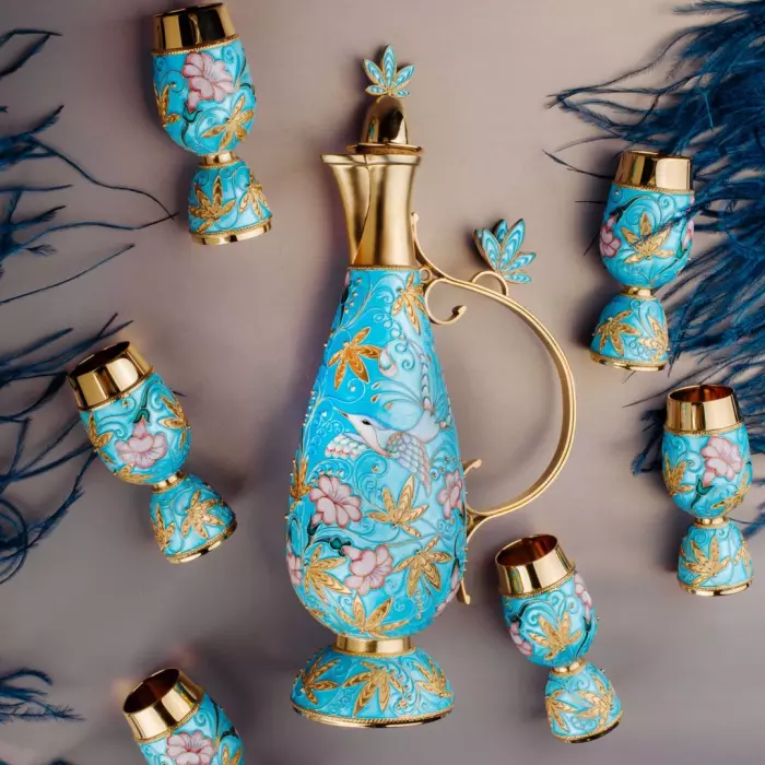 Набор для вина серебряный "Птицы" на 6 персон, бирюзовый