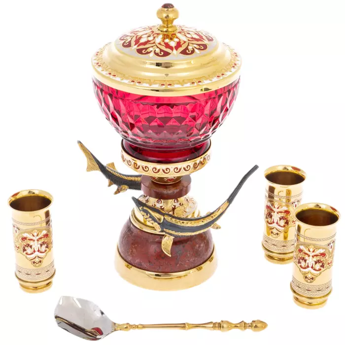 Caviar set "Gifts of the sea" on a jasper stand, for 3 persons, Zlatoust
