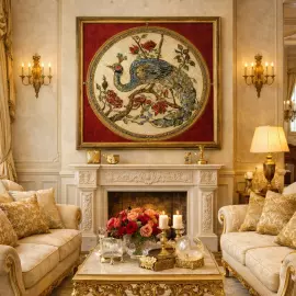 Decorative embroidered panel made of precious stones "Peacock"