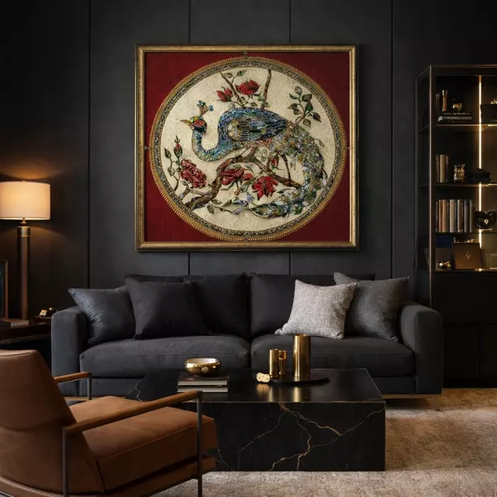 Decorative embroidered panel made of precious stones "Peacock"