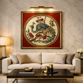 Decorative embroidered panel made of precious stones "Peacock"