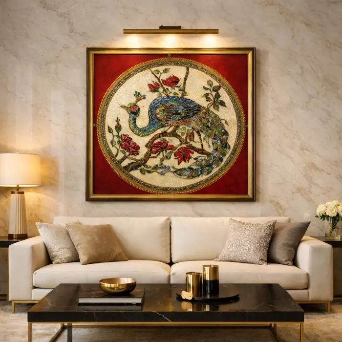 Decorative embroidered panel made of precious stones "Peacock"