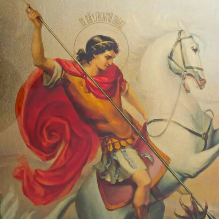 Икона на сусальном золоте "Георгий Победоносец" изумруд/терракот