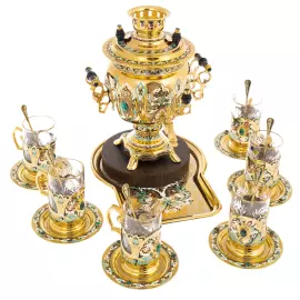 Чайный набор с самоваром "Русское застолье" на 6 персон, с малахитом, 20 предметов, Златоуст
