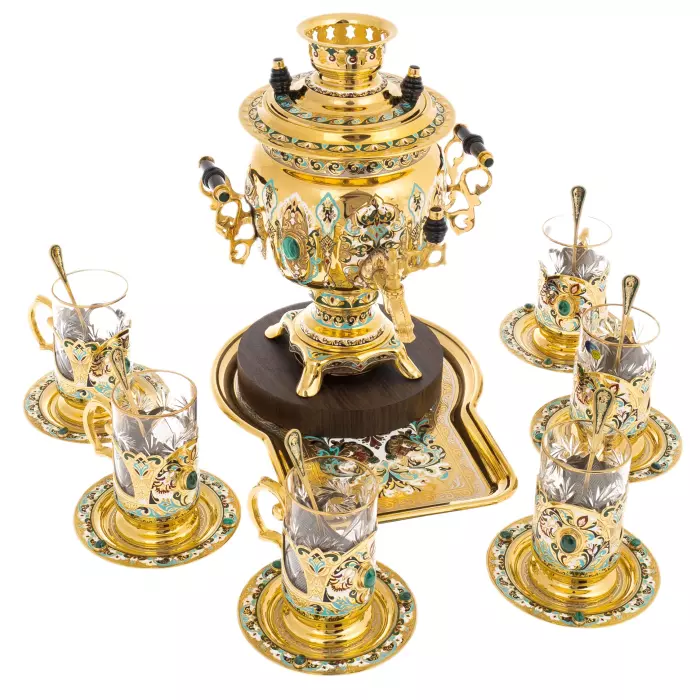 Чайный набор с самоваром "Русское застолье" на 6 персон, с малахитом, 20 предметов, Златоуст