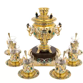 Чайный набор с самоваром "Русское застолье" на 6 персон, с малахитом, 20 предметов, Златоуст