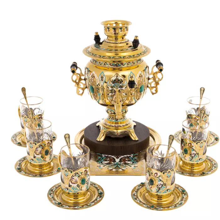 Чайный набор с самоваром "Русское застолье" на 6 персон, с малахитом, 20 предметов, Златоуст