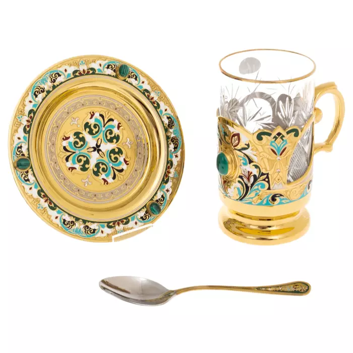 Чайный набор с самоваром "Русское застолье" на 6 персон, с малахитом, 20 предметов, Златоуст