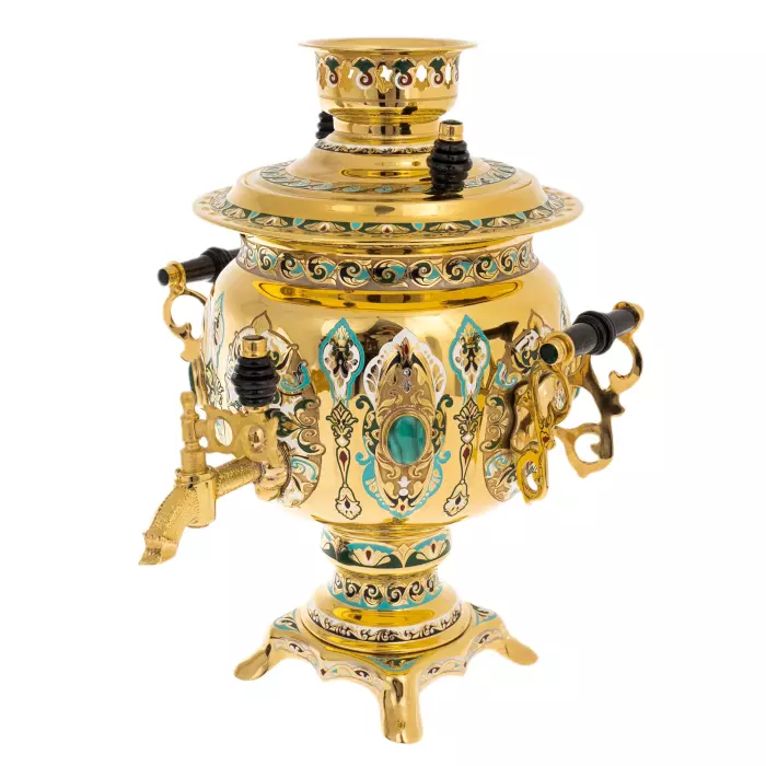 Чайный набор с самоваром "Русское застолье" на 6 персон, с малахитом, 20 предметов, Златоуст