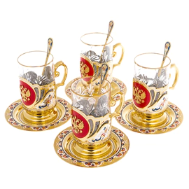 Чайный набор "Герб РФ" с эмалями, на 4 персоны Златоуст