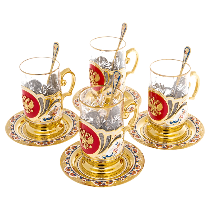Чайный набор "Герб РФ" с эмалями, на 4 персоны Златоуст