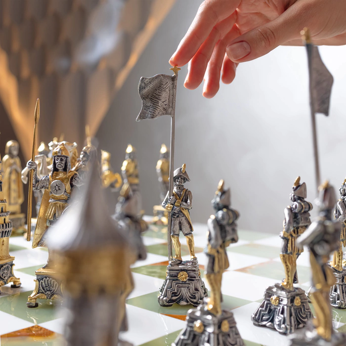 Bronze, marble and onyx chess set "Napoleon vs Dmitry" for 2 persons