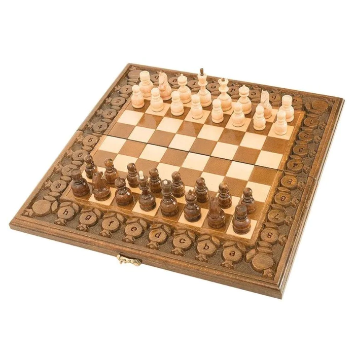 Carved "Grenadine" small game set (chess, backgammon and checkers)