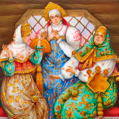 Шкатулка "Три девицы" Дерюженко, Федоскино
