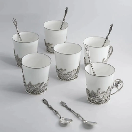 Set of silver tea cups "Black Grouse" for 6 people, with spoons