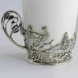 Set of silver tea cups "Black Grouse" for 6 people, with spoons