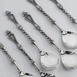 Set of silver tea cups "Black Grouse" for 6 people, with spoons