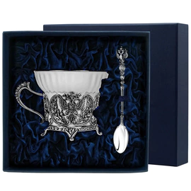 Silver tea cup "Coat of Arms" with a spoon, blackening