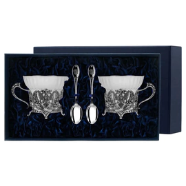 Set of silver tea cups "Coat of Arms" for 2 persons, with spoons, with blackening