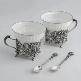 Set of silver tea cups "Coat of Arms": spoon, cup, for 2 persons