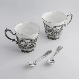 Set of silver tea cups "Royal Hunt" for 2 persons, with spoons