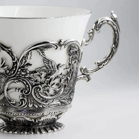 Set of silver tea cups "Royal Hunt" for 2 persons, with spoons