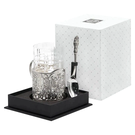 Silver-plated tea set "Coat of Arms" cast with blackening, in a case