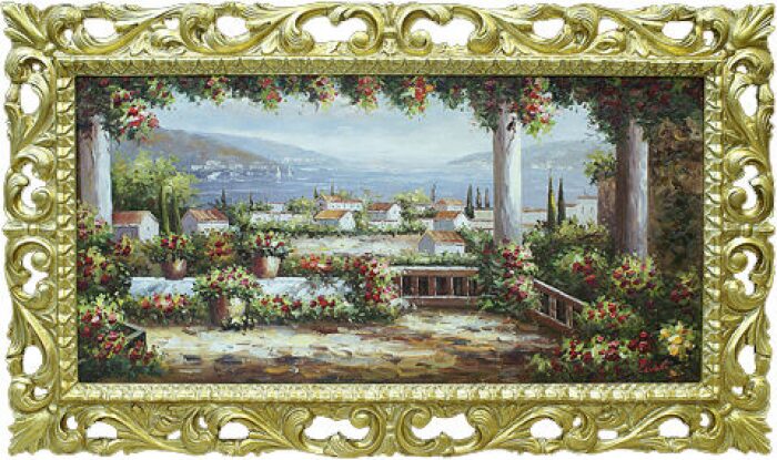 Painting "Coastal City", frame: gold-colored wood