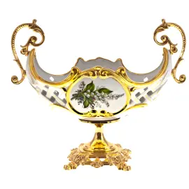 Ваза для фруктов, с ручками, на золотой ножке, белая с рисунком ландыш Ваза для фруктов, с ручками, на золотой ножке, белая с рисунком ландыш