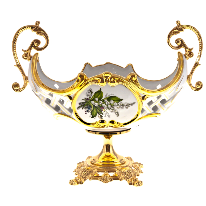 Fruit vase, with handles, on a golden leg, white with a lily of the valley pattern