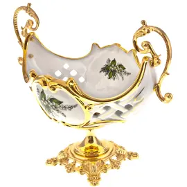 Ваза для фруктов, с ручками, на золотой ножке, белая с рисунком ландыш Ваза для фруктов, с ручками, на золотой ножке, белая с рисунком ландыш