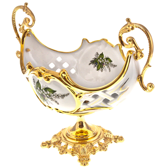 Fruit vase, with handles, on a golden leg, white with a lily of the valley pattern