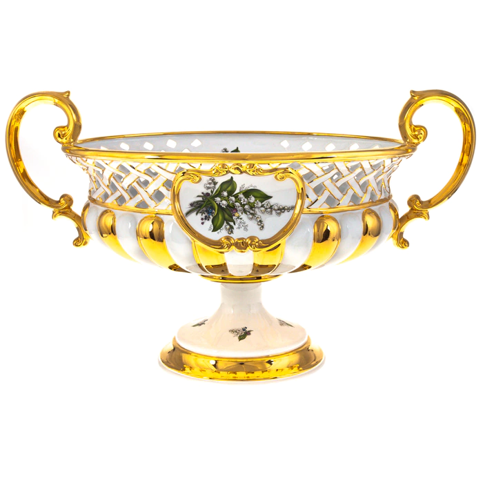 Fruit vase, with handles, on a golden leg, white with a lily of the valley pattern