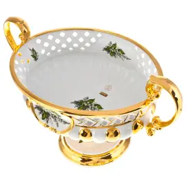 Ваза для фруктов, с ручками, на золотой ножке, белая с рисунком ландыш Ваза для фруктов, с ручками, на золотой ножке, белая с рисунком ландыш