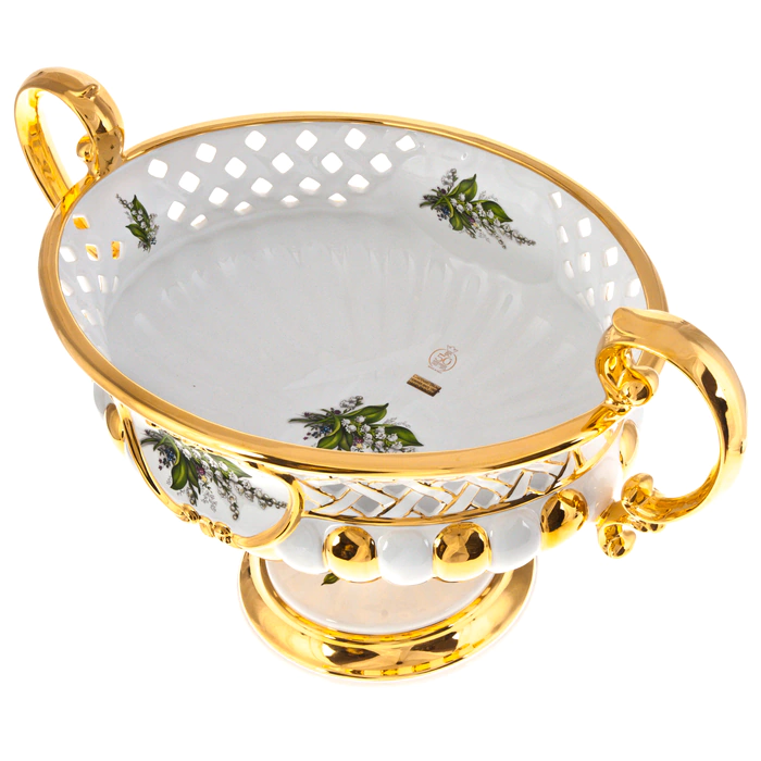 Fruit vase, with handles, on a golden leg, white with a lily of the valley pattern