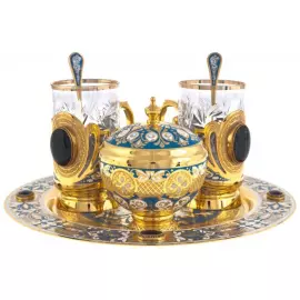 Чайный набор "Чёрный агат" на 2 персоны, с эмалями, Златоуст