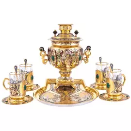 Чайный набор с самоваром "Русское застолье" на 4 персоны, с малахитом, Златоуст