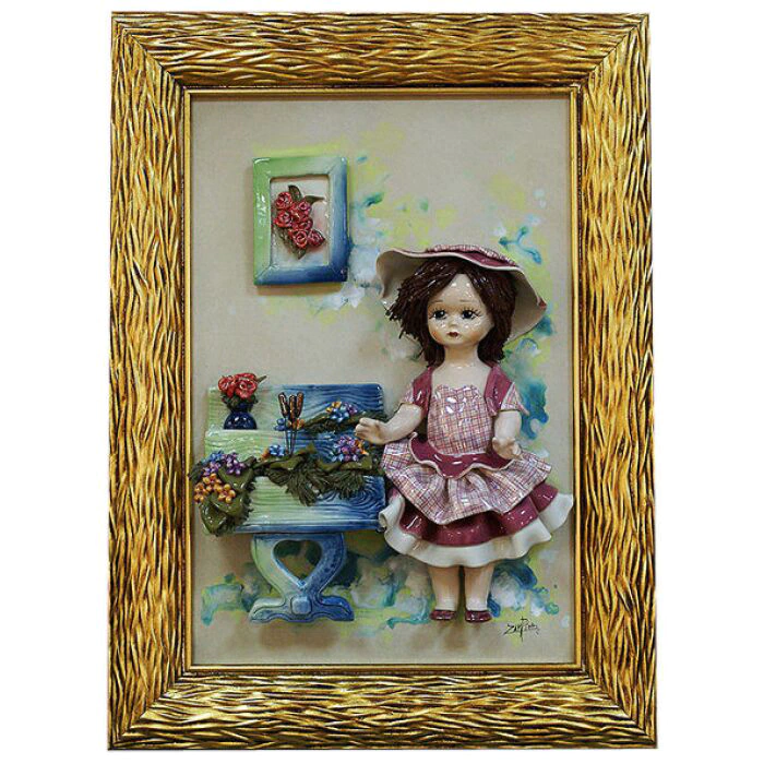 Rectangular painting "Doll standing at a stand with flowers"