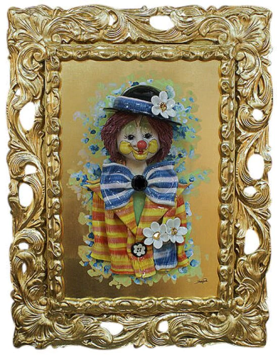 The painting "Clown in a bowler hat with daisies"