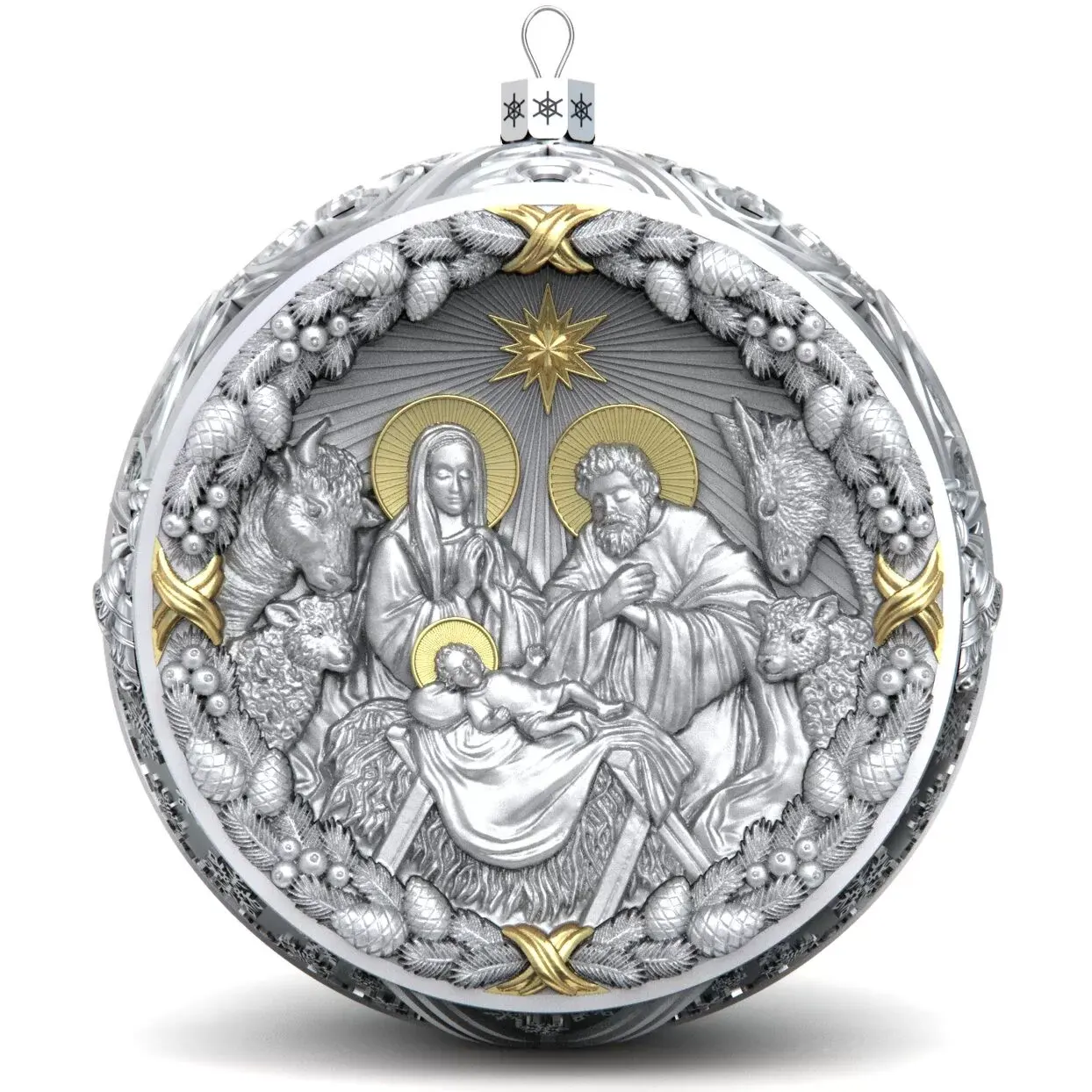 Set of 4 silver Christmas tree balls "Rozhdestvensky, Saviour, Our Lady of Kazan, Vladimirskaya"