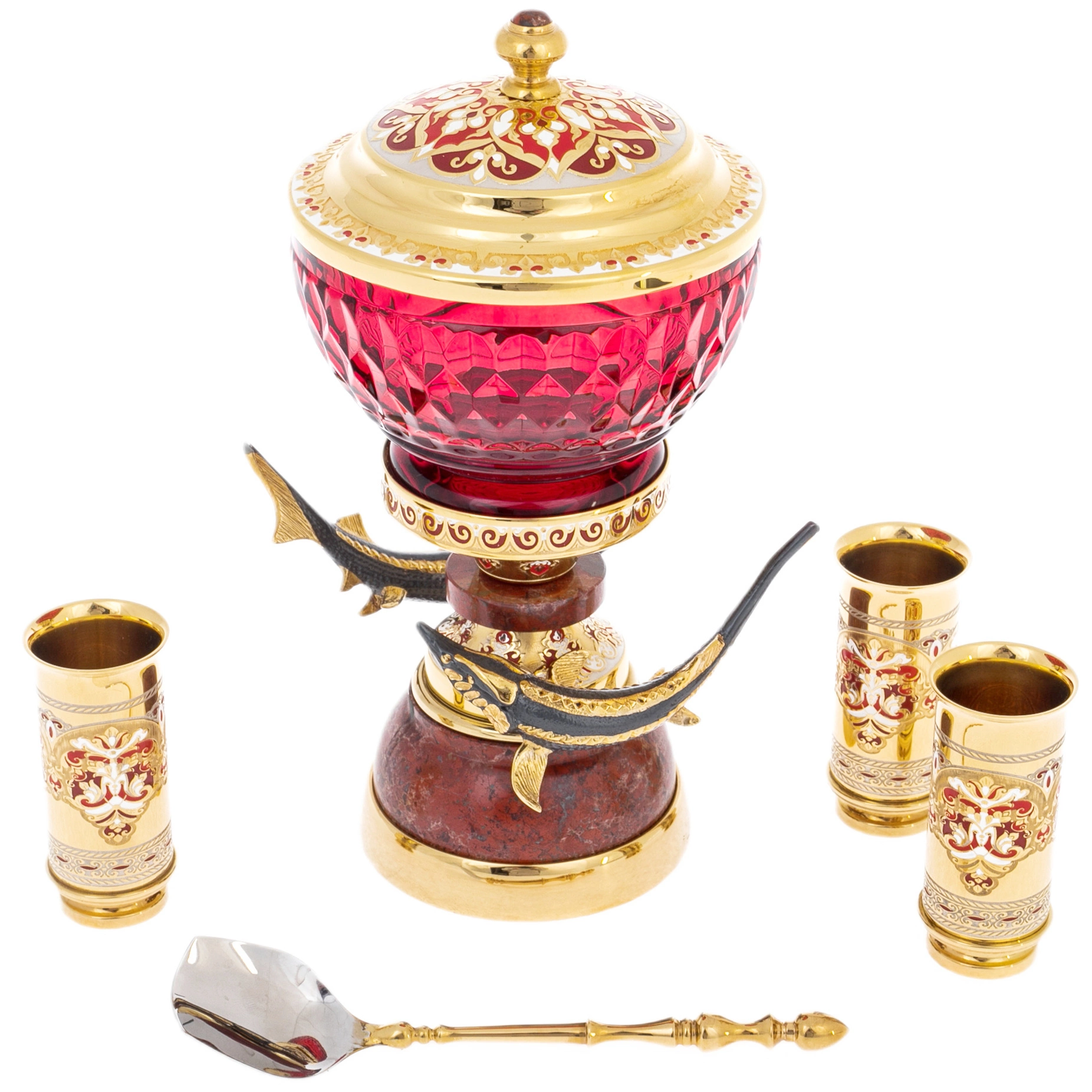 Caviar set "Gifts of the sea" on a jasper stand, for 3 persons, Zlatoust