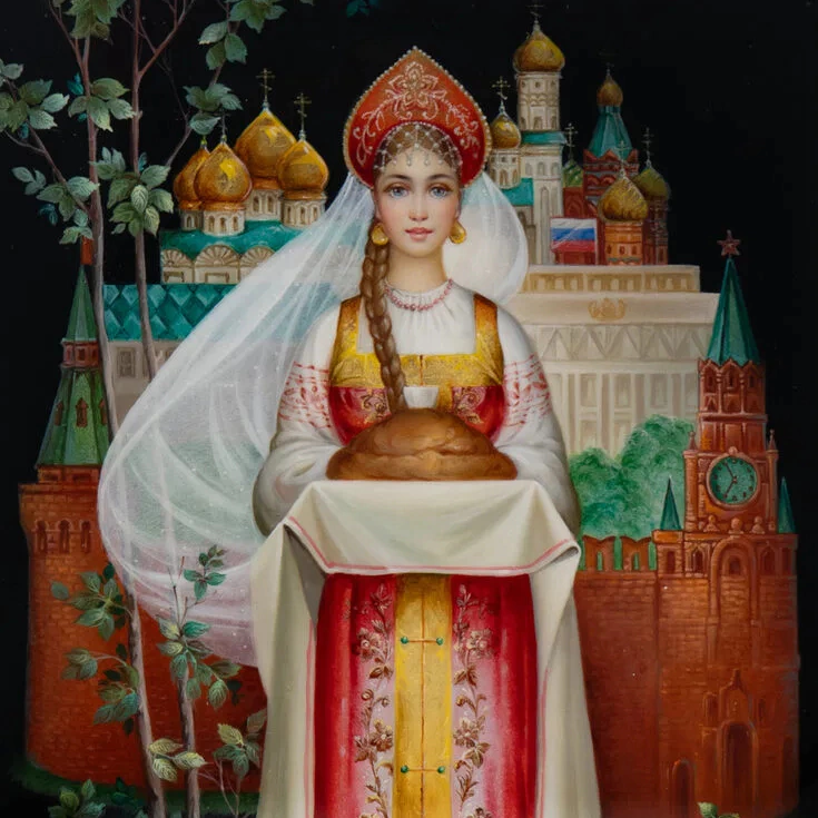 Шкатулка "Хлеб-соль" Дерюженко, Федоскино