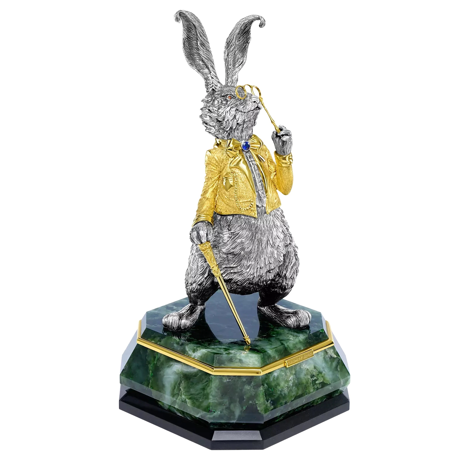 Silver table sculpture "Wise Rabbit" on jade